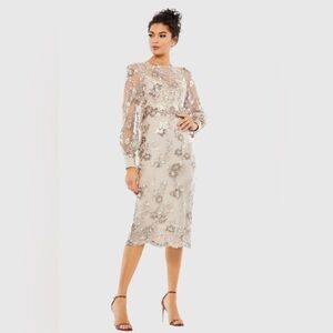 Mac Duggal Beige Embellished High Neck Illusion Long Sleeve Midi Dress
